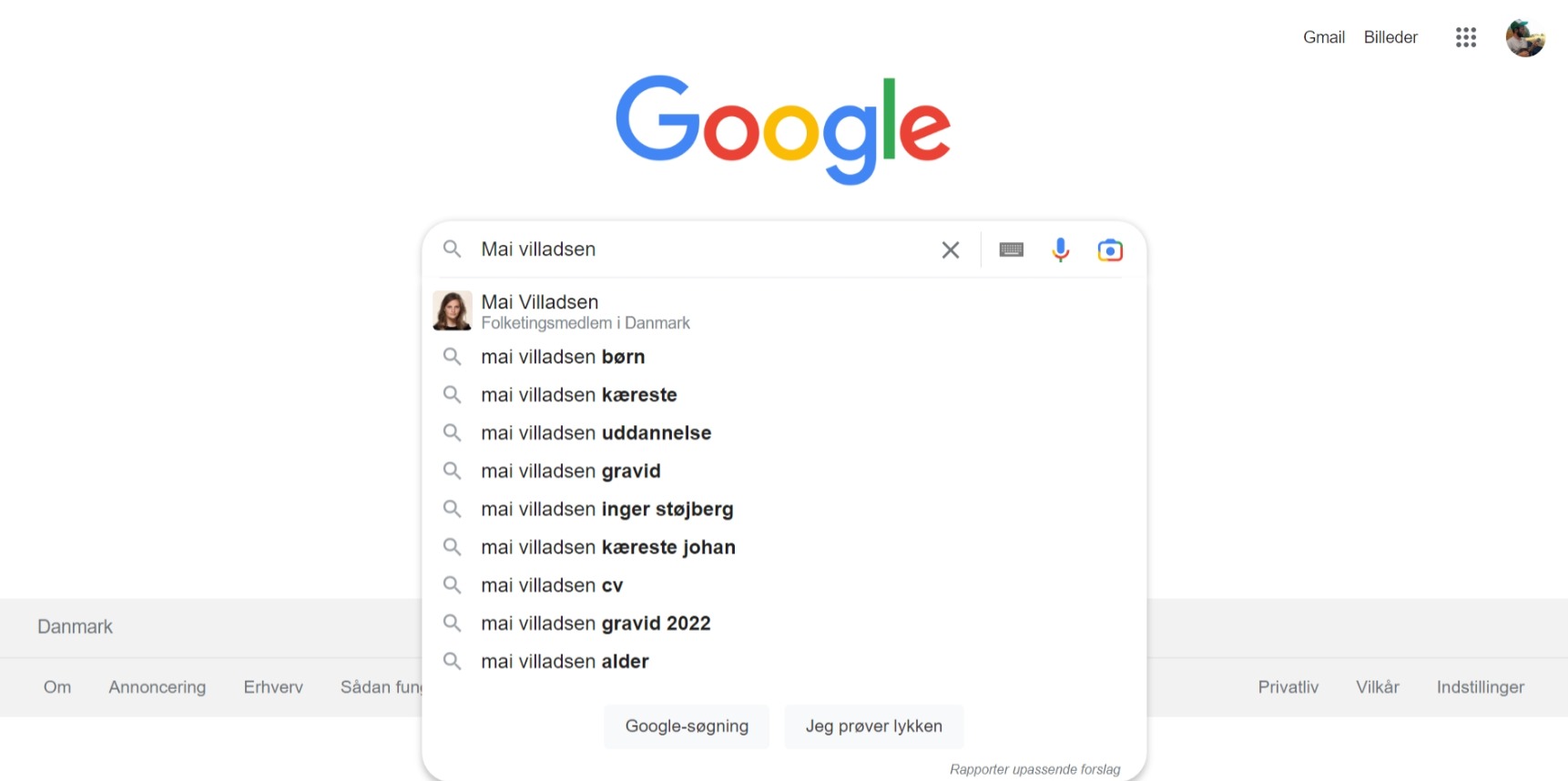 Danish politician Mai Villadsens Google Search Engine suggestions