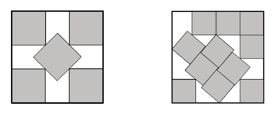Izquierda: cuadrado con cuatro cuadrados más pequeños en cada esquina, otro girado 45º en el centro; derecha: cinco cuadrados ligeramente desordenados en el centro con otros a lo largo del borde del cuadrado más grande