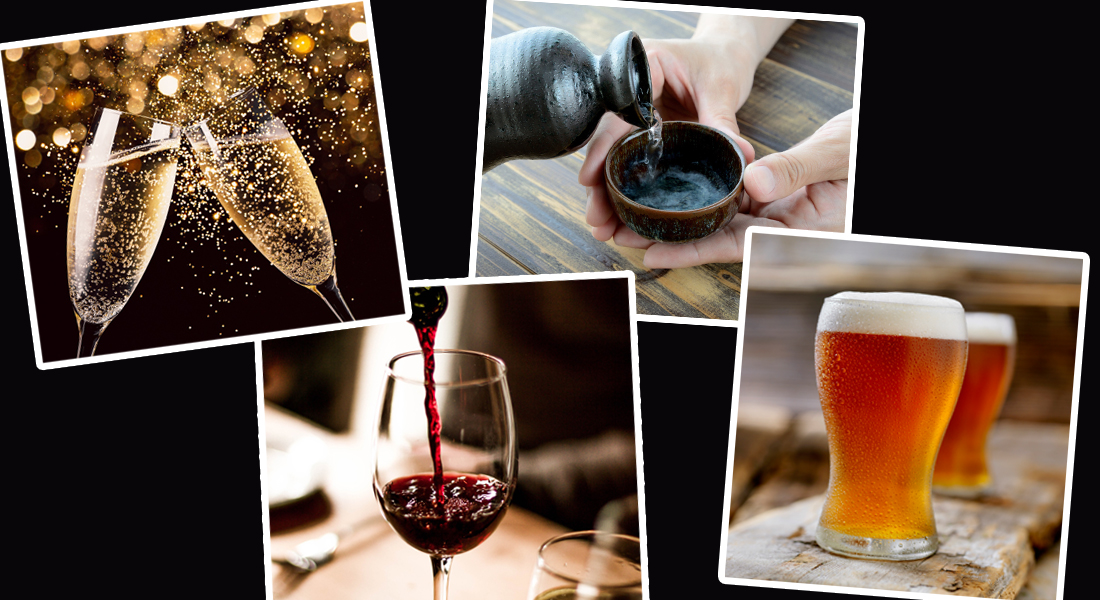Photocollage of wine, beer, sake and champagne Photocollage of wine, beer, sake and champagne